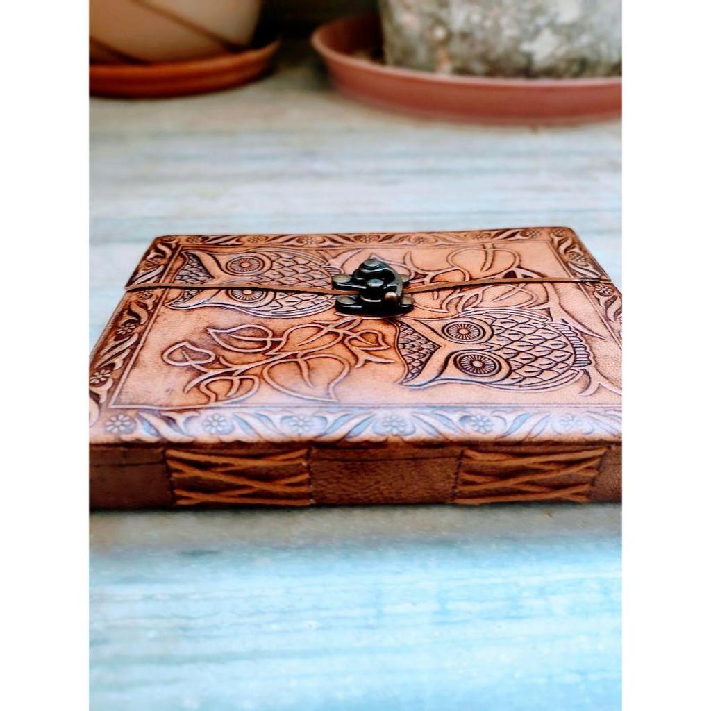 Owl Embossed Leather Bound Journal With Lock, Handmade Leather Notebook Unlined Journal Travel Diary Medium Size Locked Journal Fancy Diary