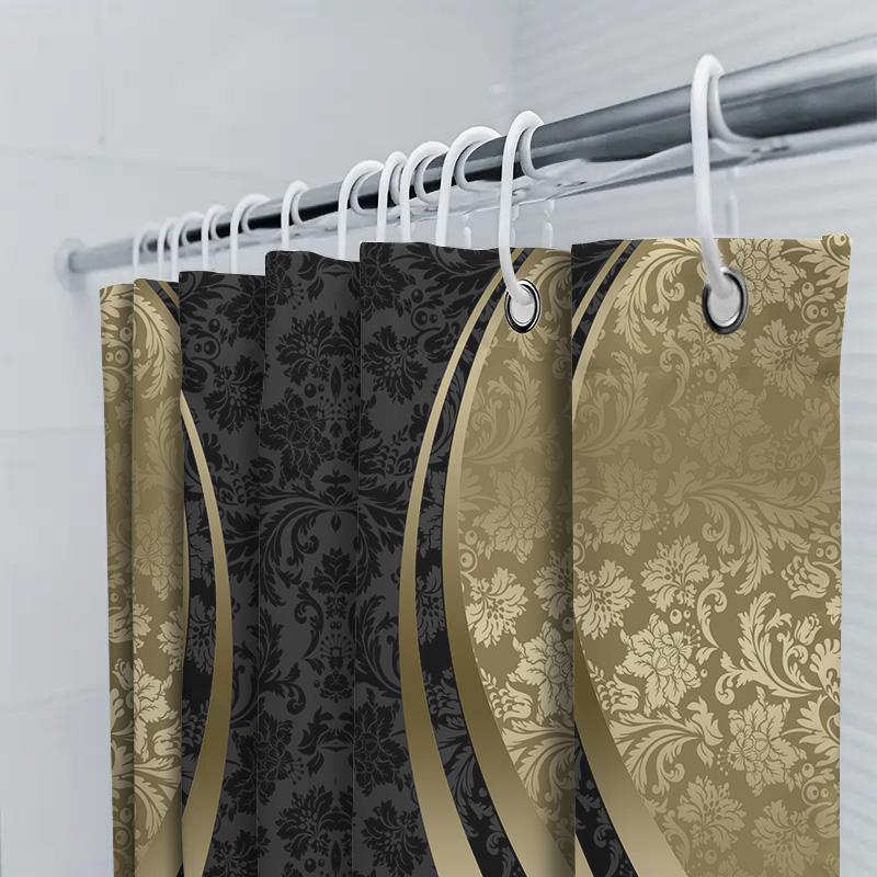 Luxury Plush Shower Curtains With Damask Print Gold Accents Black Beige Bath Decor For Home Bathroom Size 72 X 84 Inches (L) By