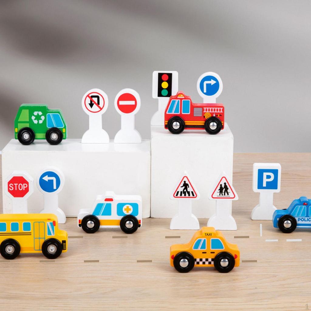 Car Set Wooden Street Signs Playset, Educational Toy, Vehicles and Traffic for Kids Children