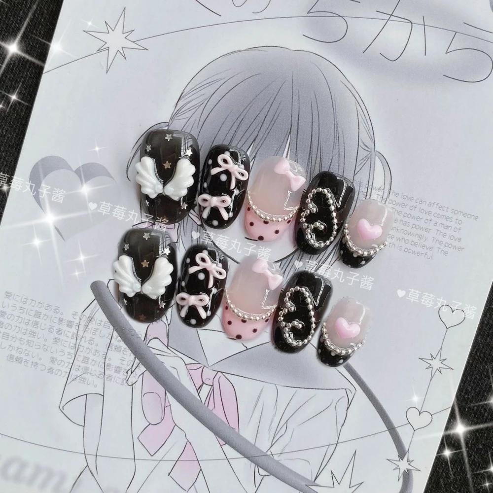 10Pcs Y2K Handmade Press On Nails Short Square Cartoon Stickers Pearl Wings Heart Bow Holiday Gift