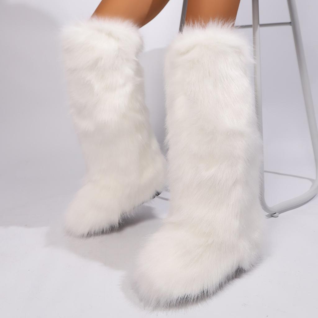 Womens Knee High Fuzzy Faux Fur Boots - Soft, Warm, and Comfortable Slip-on Design with Flat He Ladies Plush Warm Platform Shoes