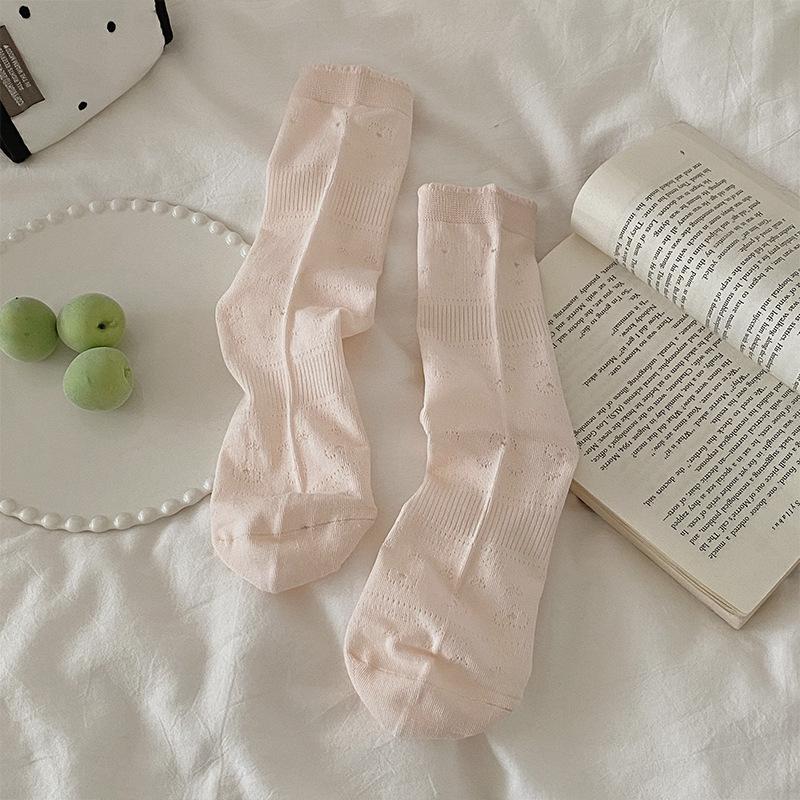 Lady Summer Thin Hollow Love Bow Pure Color All Build In The Tube Stack Socks