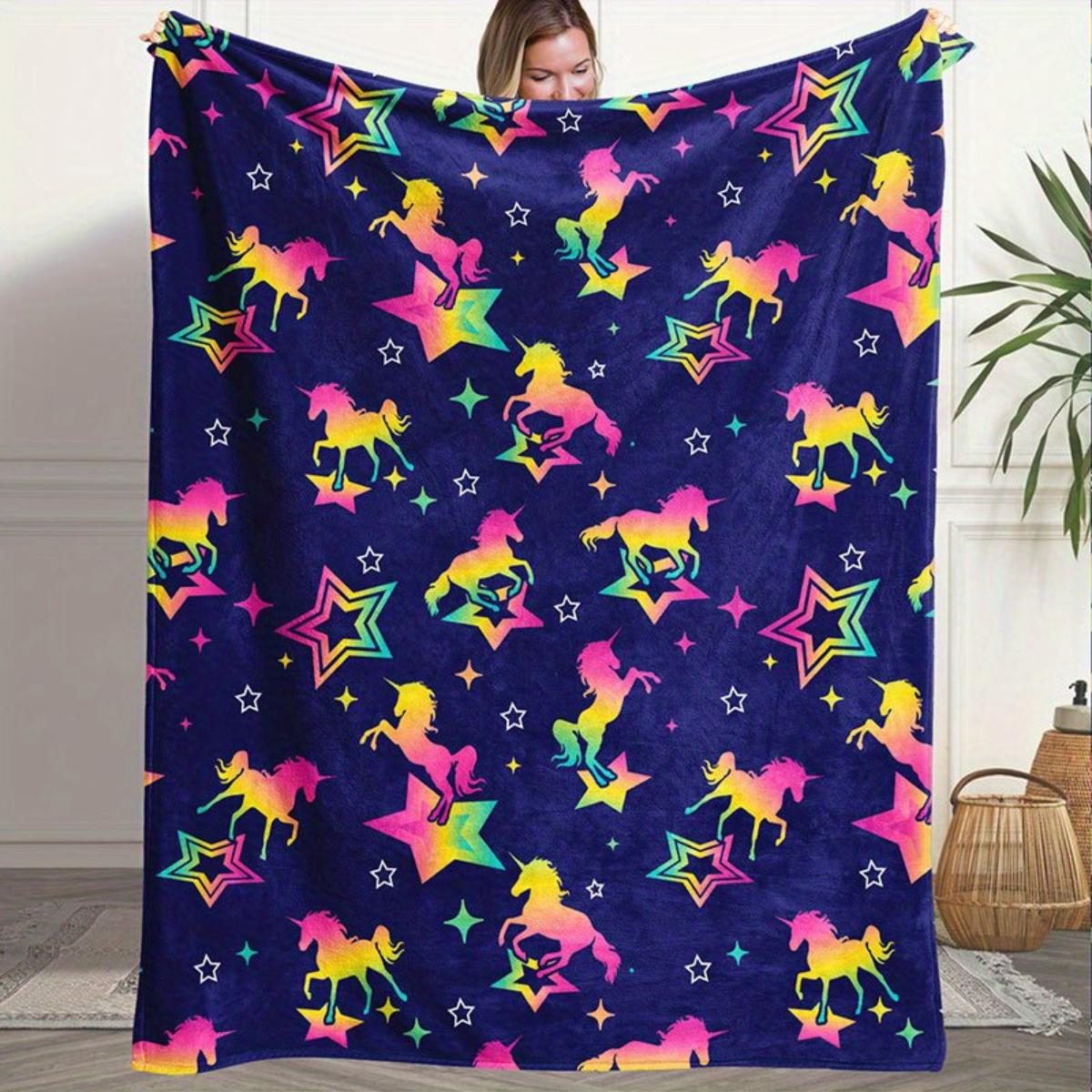1 fluffy unicorn and star print flannel blanket - warm and cozy, perfect for sofas, offices, beds, camping, and Christmas. 130x150cm