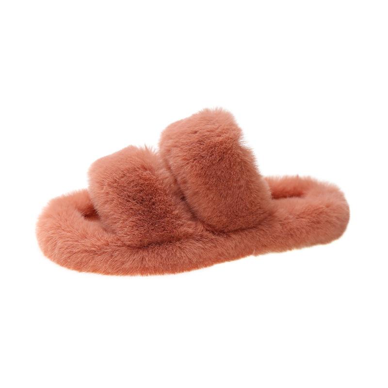 Internet Celebrity One-word Fluffy Slippers Women's Autumn 2025 New Popular Versatile Thick Bottom Heightening Plush Cotton Drag Outside Wear