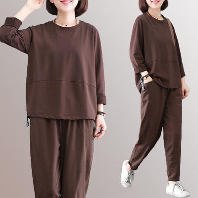 Plus Size Women's Spring/Autumn Casual Solid Color Two-Piece Sportswear Set for Middle-Aged Mothers