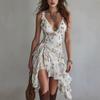 Women's Sleeveless Spaghetti Strap Dress V Neck Ruffle Irregular Floral Print Summer Party Dress