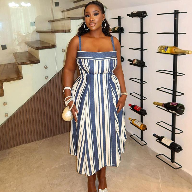 In Stock, European and American Women's Clothing Summer New Fashionable and Elegant Suspender Tube Top Striped Pendulum Dress