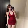 Sexy lace-up halter u-neck, neck-hanging red dress, women's summer pleated tight, pure desire wind hip-wrapped short skirt