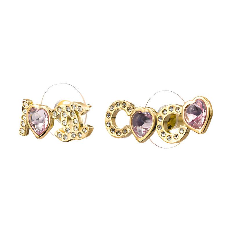 CHANEL coco pink crystal asymmetrical rhinestone metal earrings for women