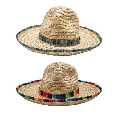 Ethnischer Stroh-Sonnenhut für Herren Damen Unisex Mexiko Sombrero Hut mit breiter Krempe Sommer Strand Festival Accessoires