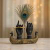 Mariner's Creation Decorative Krishna Hand Showpiece with Metal Flute and Peacock Feather