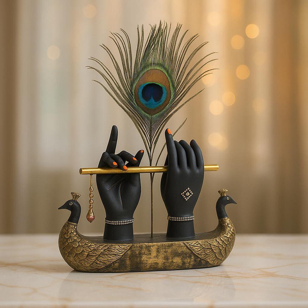 Mariner's Creation Decorative Krishna Hand Showpiece with Metal Flute and Peacock Feather