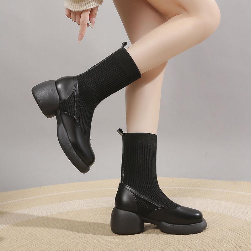 Fashion Chunky Women's Ankle Sock Boots Elastic Booties Platform Female Short Shoes Comfortable and Elegant Sale Hot Winter 2024 Pu Boot