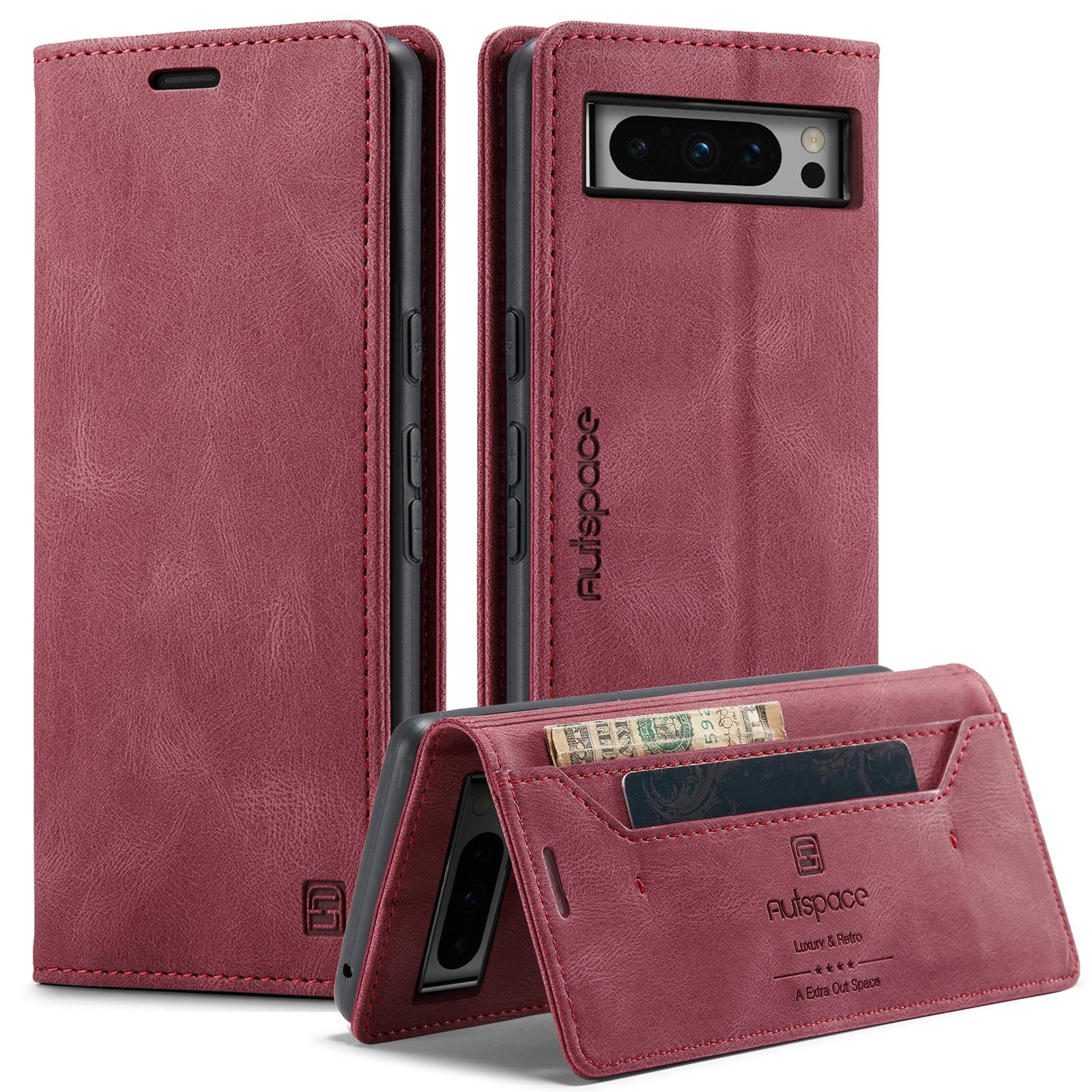 

For Google Pixel 8 Pro Wallet Case AUTSPACE A01 Leather Stand Cover with RFID Blocking Card Holder Red