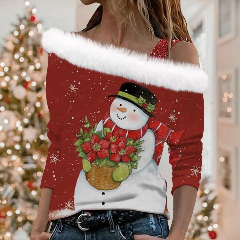 Crăciun Femei 2024 Nou Imprimeu Mânecă Lungă Guler Diagonal Pulover Femei Tricou Slim Temperament Mânecă Lungă