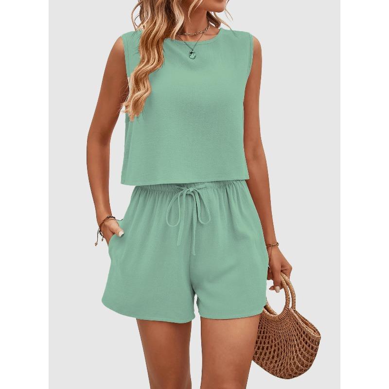 Women's Fashionable Sleeveless Top Solid Color High Waist Shorts Casual Two-piece Set for Women