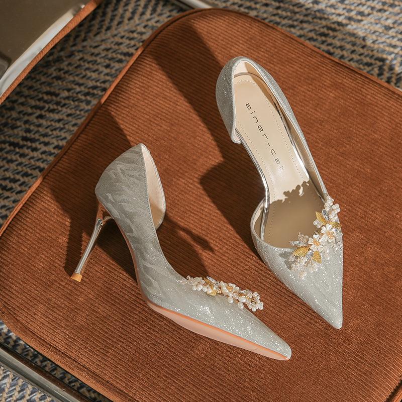 

8335-3 High heels women s stiletto 2025 new French silver crystal wedding shoes pointed side empty bridal shoes 39