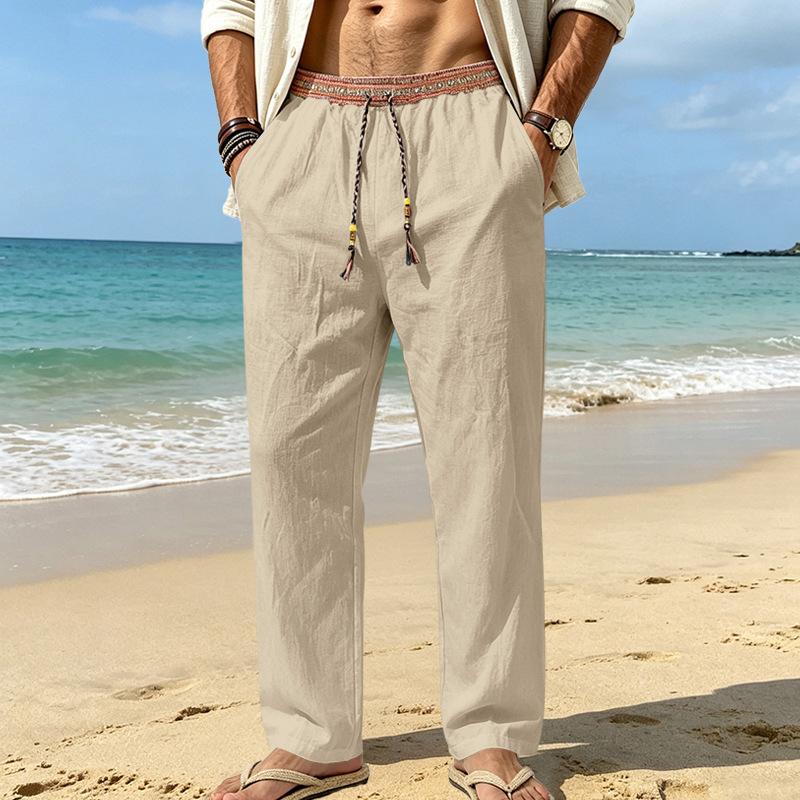 Men Casual Linen Loose Straight Leg Bohemian Beach Vacation Long Pants S