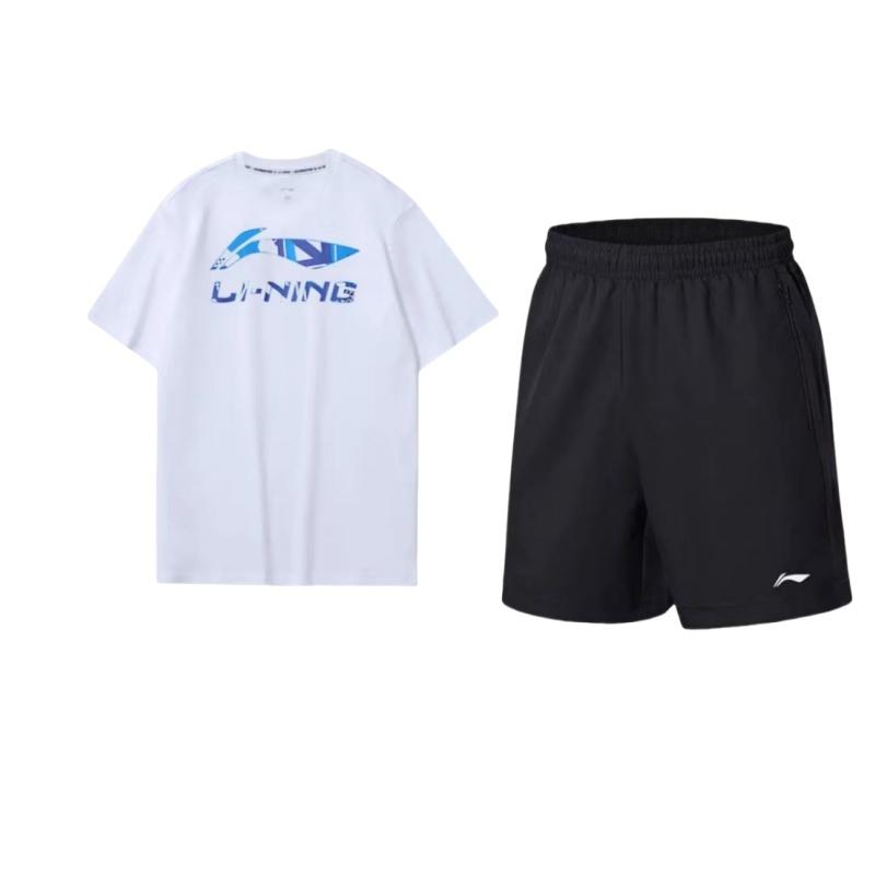 Li-Ning Fitness Series Logo Print Quick-Dry Short Sleeve Loose Simple Five-Point Pants Casual Sports Set Unisex Sets AAPU217-1+AHSU975-2