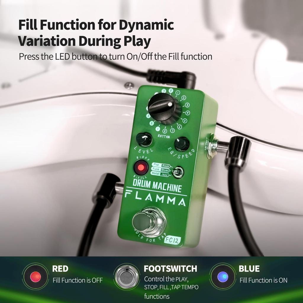 FLAMMA FC12 Drum Machine with FILL Function Guitar Drummer Pedal 6 Types of Music Up To 48 Drum Grooves Tap Tempo EQ Preset Drummer Green Real-time