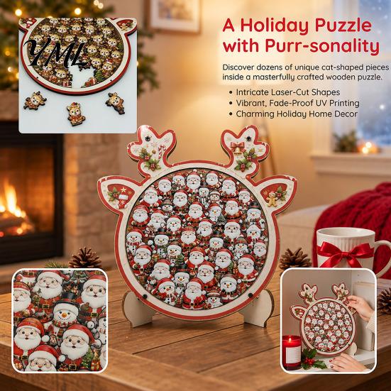 Christmas Jigsaw Puzzles Reindeer Puzzle Decoration, Santa Claus Cat Elk Theme Holiday Toy, Festive Wooden Set for Gift Pieces