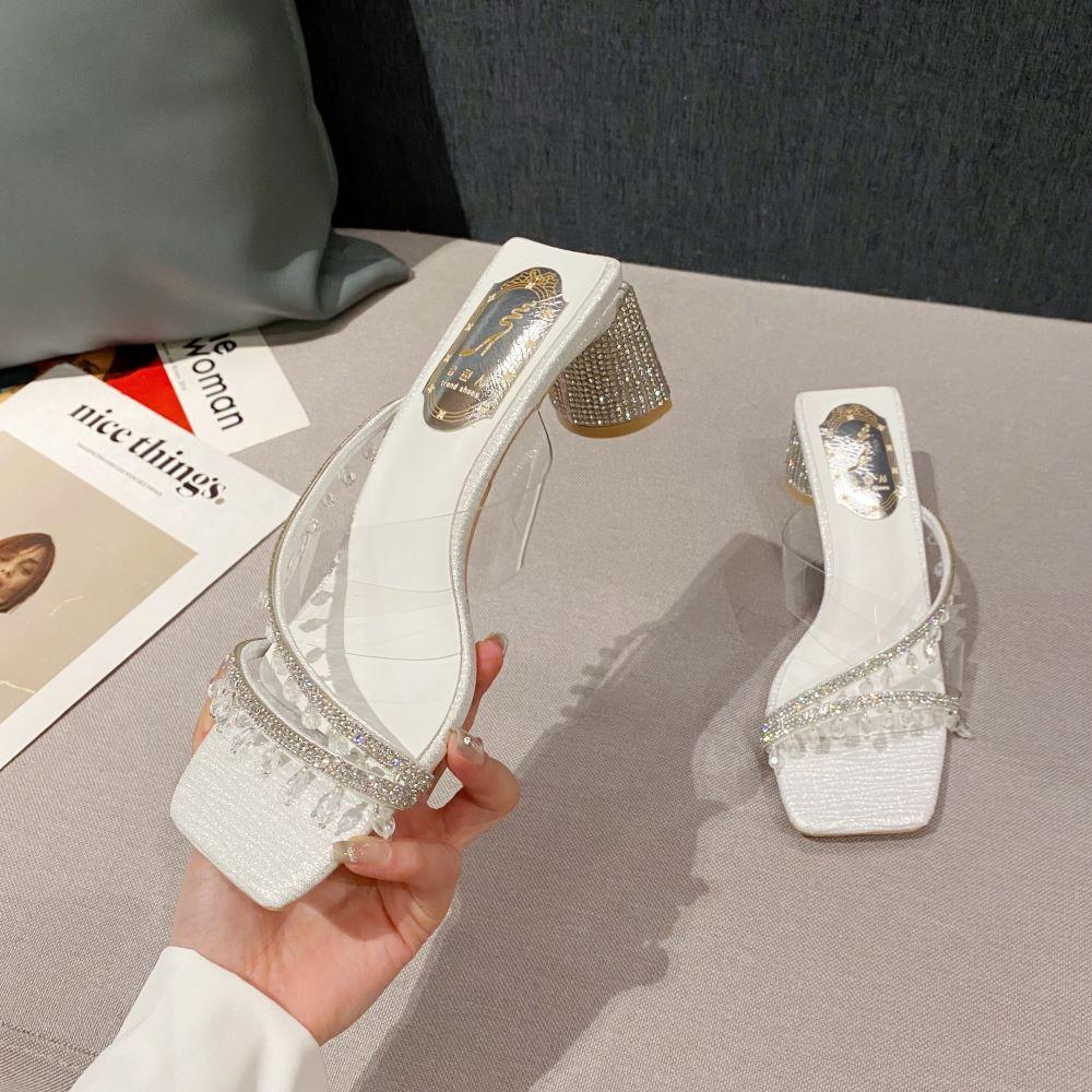 Xibeilove  Summer Women's Fashion Slippers Crystal Pendant Rhinestone PVC Middle Heel Slippers Wedding Bridal Party Shoes