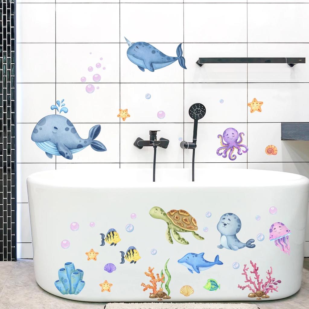 1Pc Whales Turtles Dolphins Cartoon Marine Animal Wall Stickers For Bathroom Bathtub Kids Baby Room Decor Bedroom Decoration