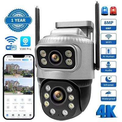 Venkovní WiFi IP 8MP 4K Bezdrátová PTZ Bezpečnostní Kamera s Duálním Objektivem pro Automatické Sledování Ulice V380 Pro