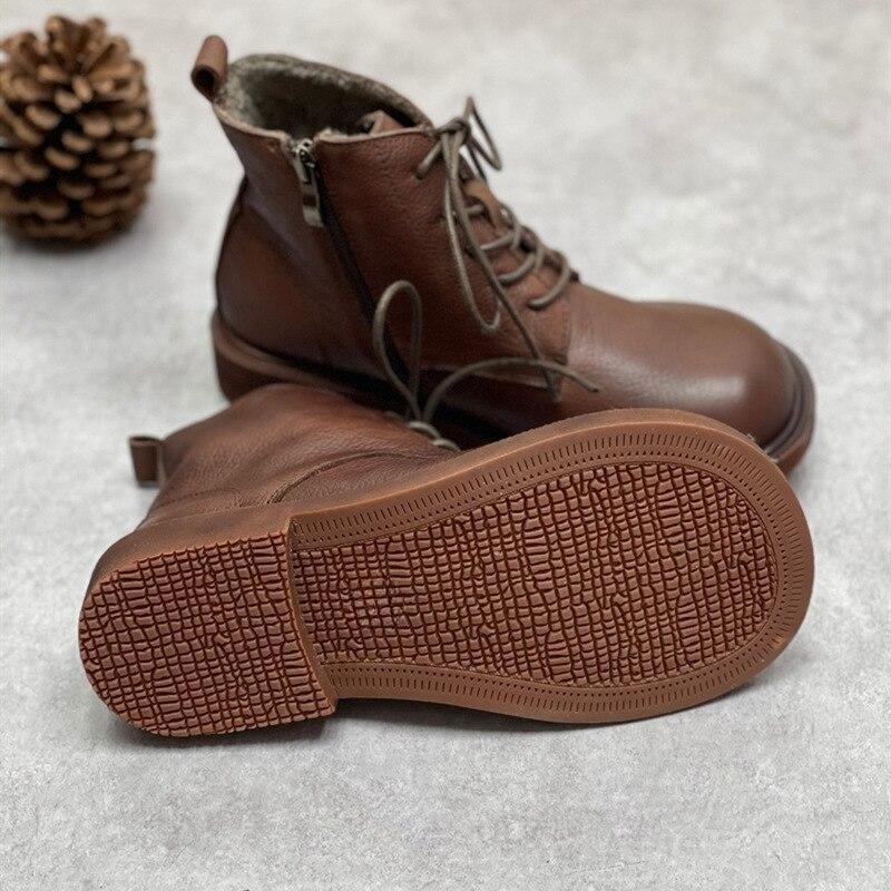 Johnature Genuine Leather Winter Boots Women Shoes Zip Round Toe Flat With Handmade Leisure Sewing Ankle Ladies Boots