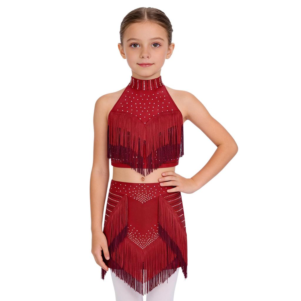 Eye-Catching Latin Dance Top with Skirt for Girls: Halter Neck Rhinestone Tassel Crop Top & Attached Briefs Skirt for Recital