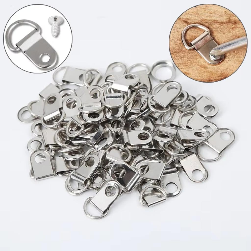 100Pcs Oil Painting Mirror Picture Frame Hanger, Round D Ring Buckle, Photo Wall Hook With Screws