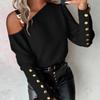 Women's Autumn and Winter Solid Colour Metal Buttons Slant Shoulder Collar Button Down Shirt Shirt