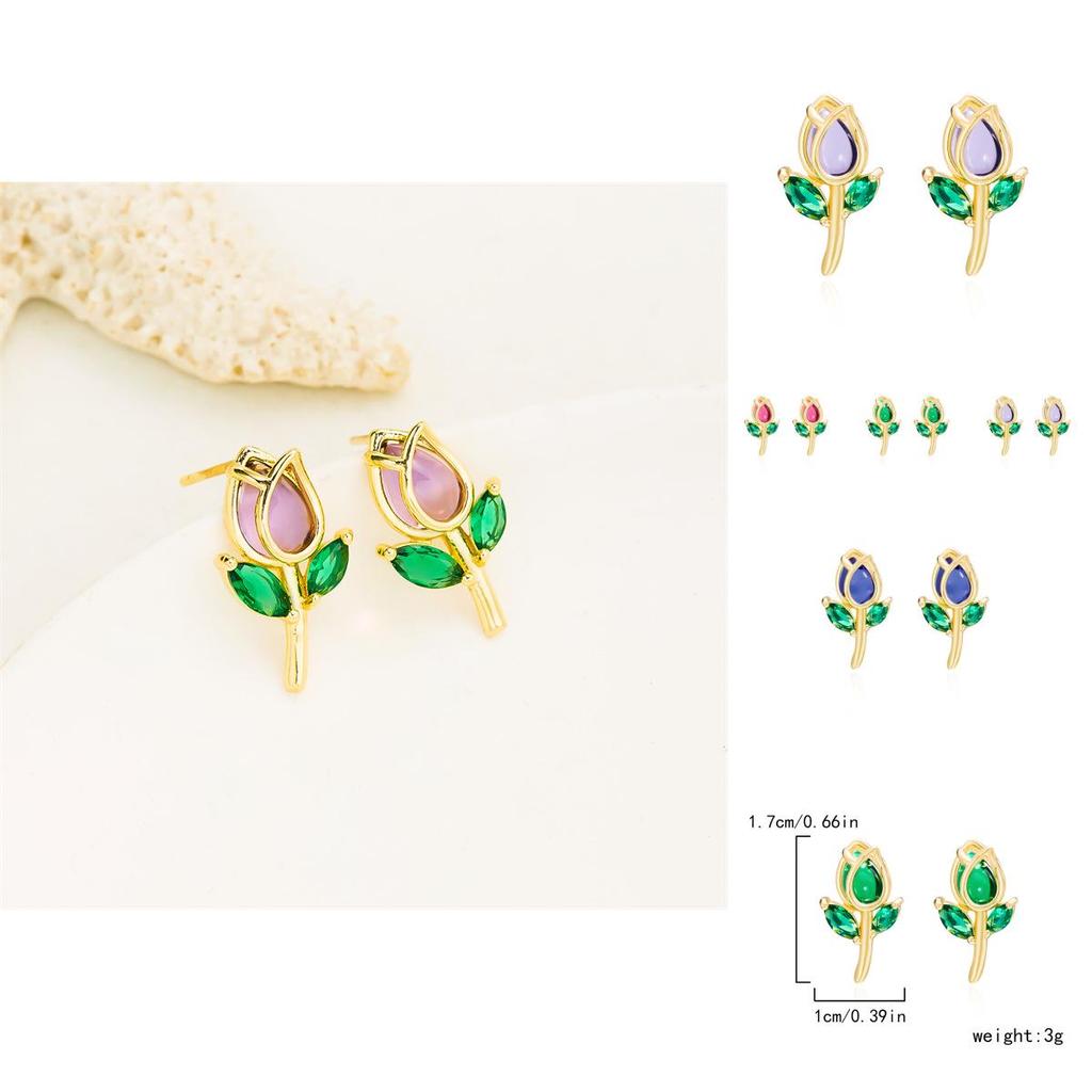 Romantic Tulip Flower Stud Earrings For Women Copper Glass Spring Jewelry