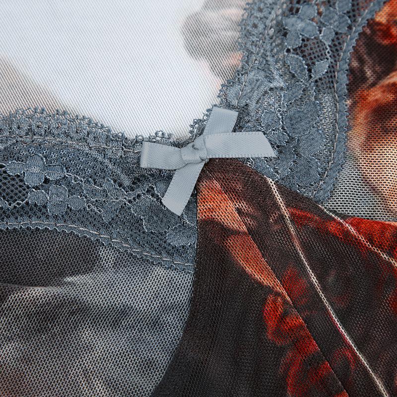 Women's Artistic Print Long Sleeve Mesh Bodysuit, Vintage Renaissance Graphic Sheer Slim Fit Top Jumpsuit Lace Panel Lightweight Top Personality