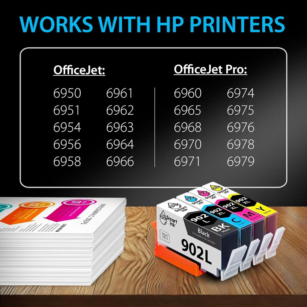 Smart Ink Compatible Ink Cartridge Replacement for HP 902 XL 902XL (4 Pack) Advanced Chip Technology to use with Officejet 6951 6954 6956 6958 6950