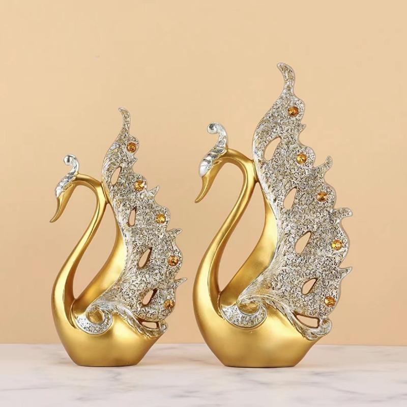 1PAIR Couple Swan Home Living Room Wine Cabinet Ornament Chinese Light Luxury Entrepreneurship Office Resin Crafts