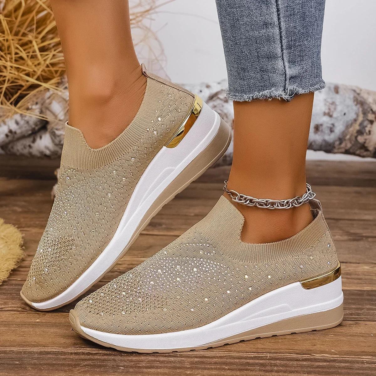 

Fashion New Women Wedges Platform Sneakers Round Toe Casual Sneakers Fashion Slip-on Non Slip Mesh Shoes Bling Women Plus Size 36 43 43 хаки