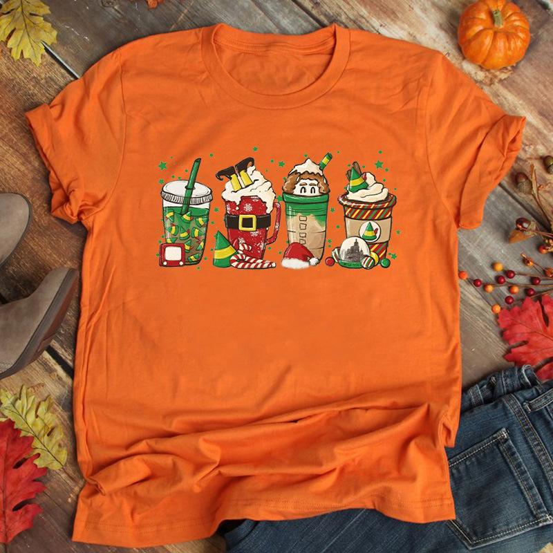Cotton100% Women Holiday Christmas T‑Shirt, Elf Coffee Cup Print Graphic Casual Short Sleeve O‑Neck Ladies Party Daily Tees Tops