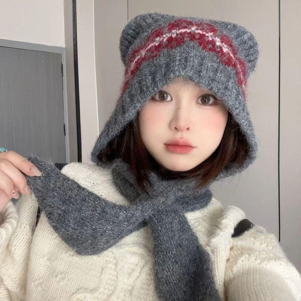 Retro Fair Isle Style Jacquard Knitted Hat Fleece-lined Printed Bear Ears Beanies Cute Warm Printing Knit Cap Autumn