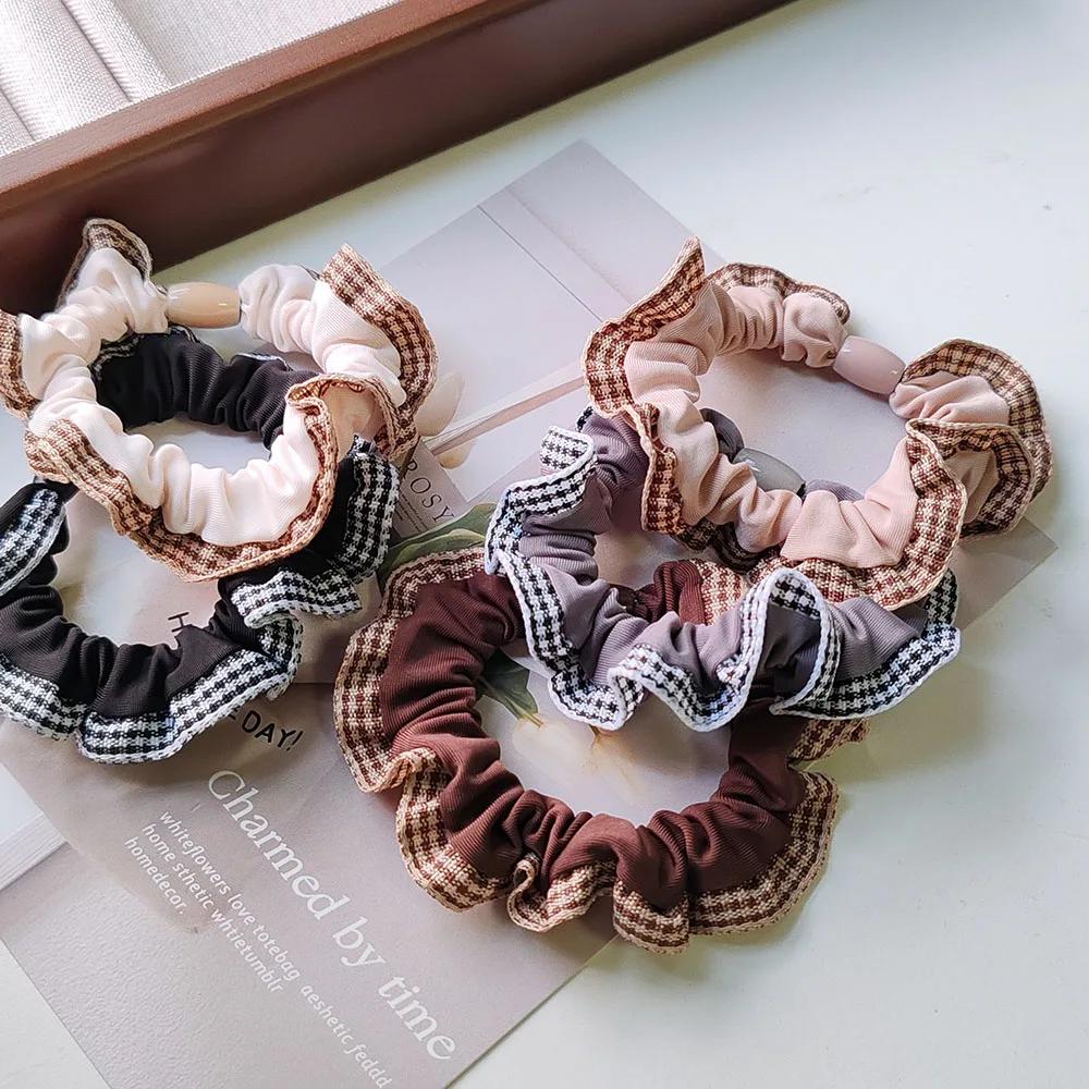 5PC European and American Plaid Khaki Style Black Elasticity Hair Ties for Women Girls Ponytail Holder Korean Hair Accessories