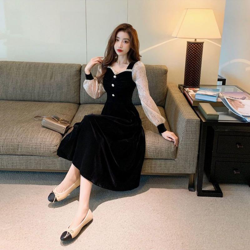 Abito da donna a tubino finto due pezzi stile coreano-francese, snellente, elegante, a maniche lunghe, patchwork, un pezzo