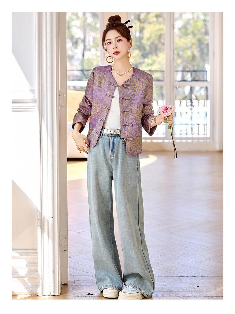 Frühling/Herbst 2025 Damen Lila Jacquard Jacke mit Rundhalsausschnitt und Froschknöpfen - Neuer Chinesischer Nationalstil (RS2803)