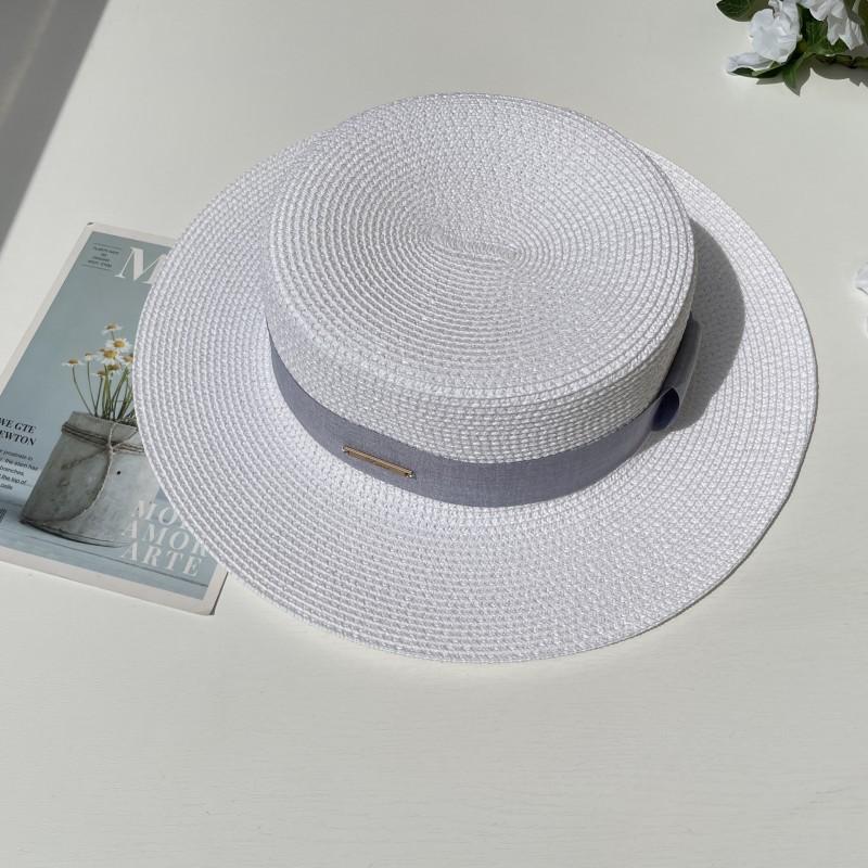 Luxury Elegant Women Summer Straw Hat Flat Top Boater Cap Folds Silk Pearl Decor Hand Weave Wide Brim Sun Hat Panama Fedora