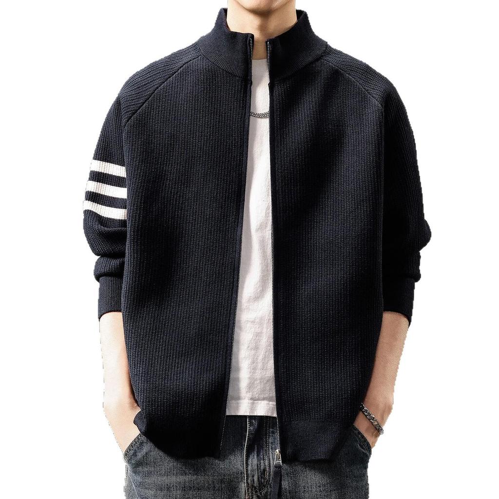 High-End American Trendy Men's 2025 Autumn/Winter Three-Stripe Knit Stand Collar Cardigan Sweater
