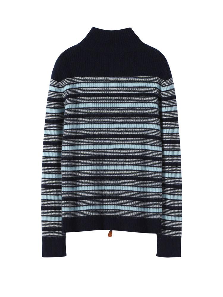 Kaschmir-Strickjacke mit Stehkragen: Bunter gestreifter Strickmantel mit langen Ärmeln für Herbst & Winter