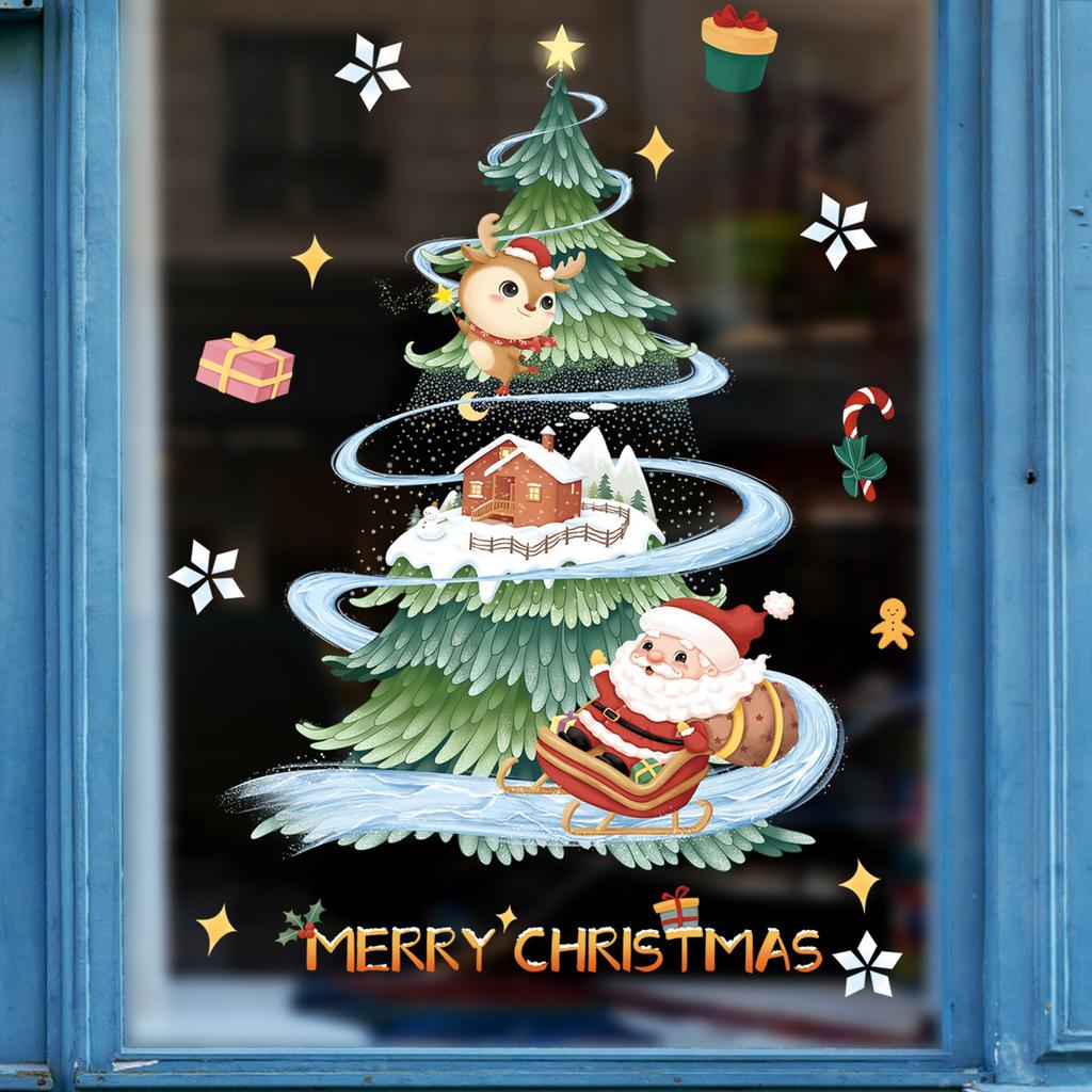 2025 Christmas Window Stickers Santa Claus Xmas Tree Cartoon Glass Decal Merry Christmas New Year Holiday Decorations for Home