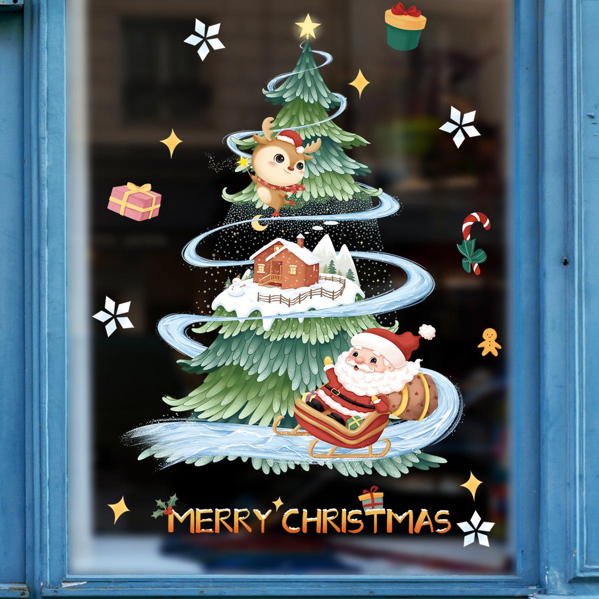 

2025 Christmas Window Stickers Santa Claus Xmas Tree Cartoon Glass Decal Merry Christmas New Year Holiday Decorations for Home