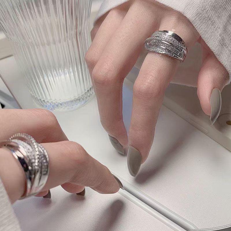 French Luxury Designer Rhinestone Zirconia Adjustable Multi-layer Shiny Index Finger Ring for Women