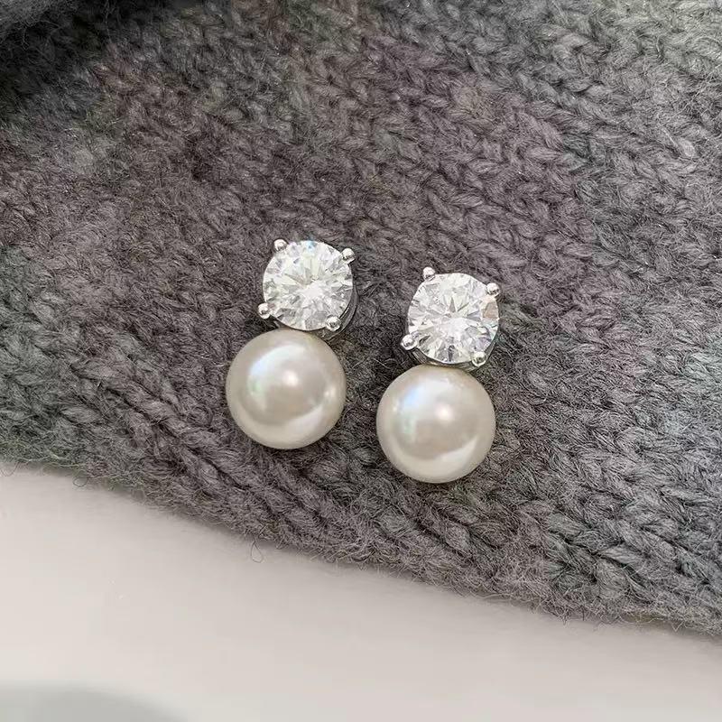 Princess Cut Freshwater Pearl & Rhinestone S925 Silver Stud Earrings
