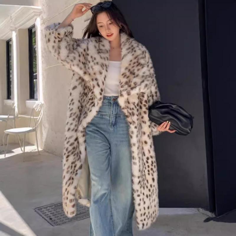 Leopard Print Imitation Fur Coat Women's Large Lapel Loose Imitation Fox Hair Coat Autumn and Winter Thickened Long Mink Hair Coat